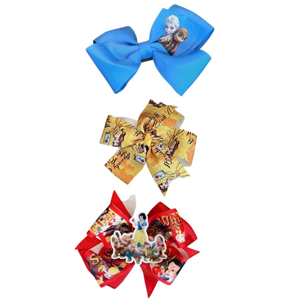 Set of 3 Princess Hair Clips Bows Beauty Frozen Snow White 3 Inch - Picture 3 of 11